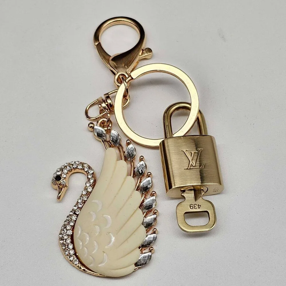 Louis Vuitton Authentic Gold Padlock 🔒 Key + Unbranded Keychain Swan Bag Charm
